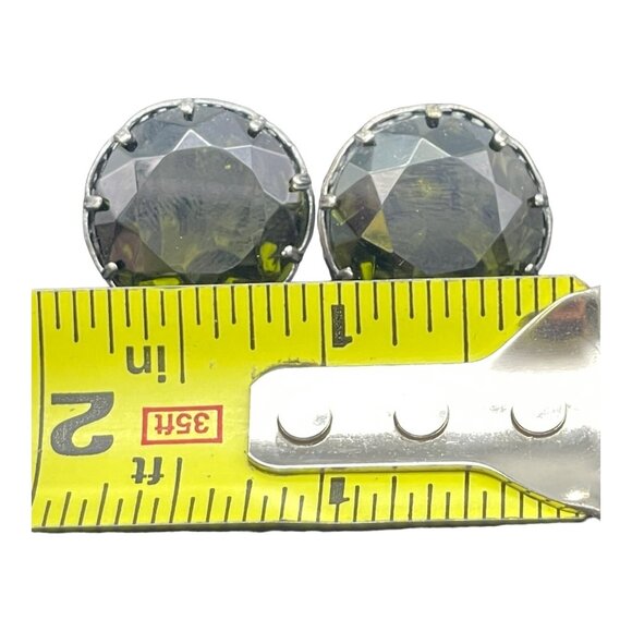 Vintage Made in Austria Dark Green Headlight Silver-tone Clip on Earrings HTF - Picture 3 of 16